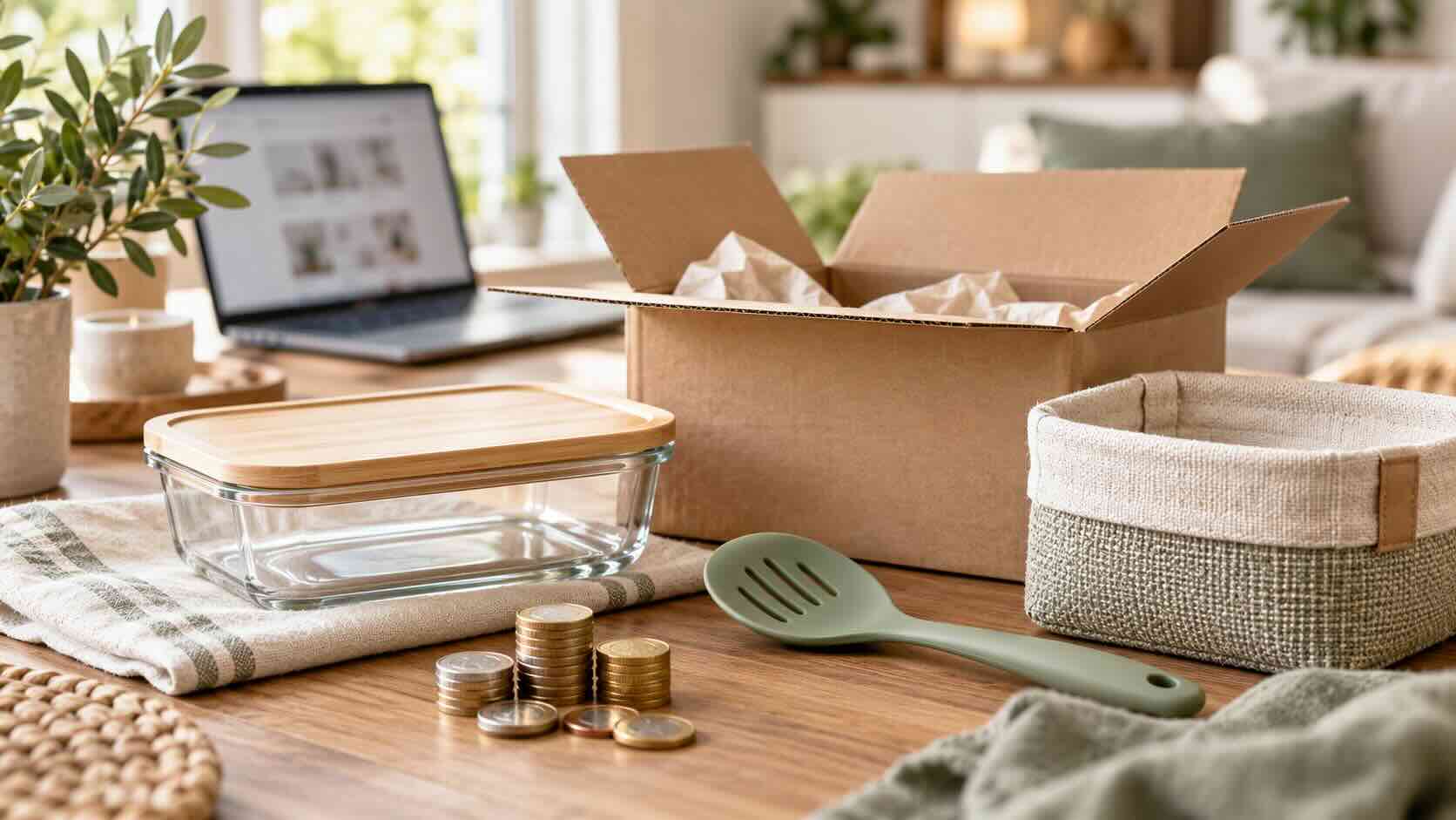 Haushaltshelfer, ein Versandkarton und Münzen als Symbol für Geld sparen bei Amazon.